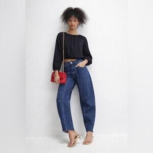 Polka Dot Crop Blouse Puff Sleeve Bubble Hem Black White XS